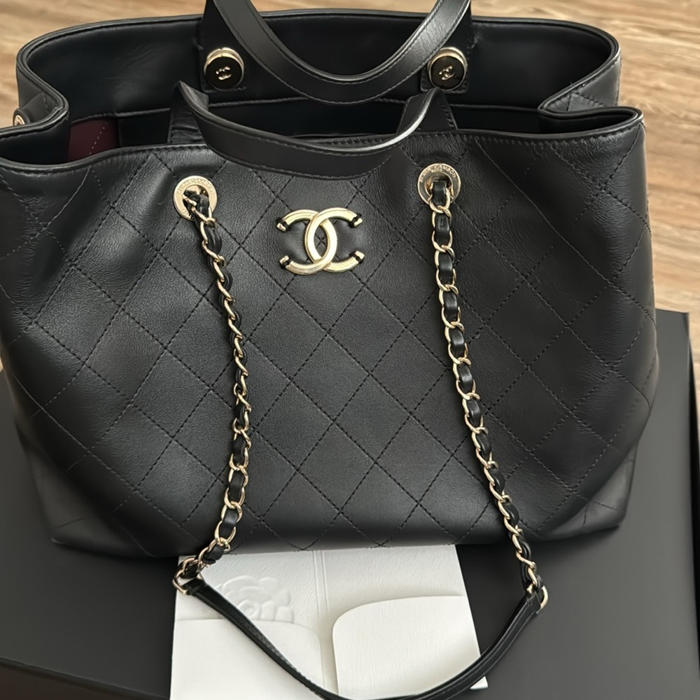 Authentic Black Calfskin Quilted Leather Shopping Bag